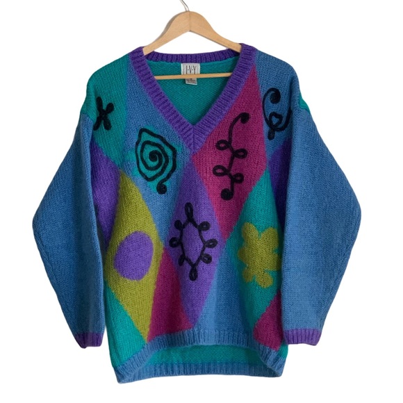 Vintage Sweaters - Vintage 80s Ivy Mohair Acrlic V-Neck Colorblock Diamonds Women's Size Medium